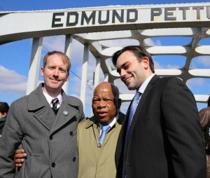 Nathan Powell, John Lewis and Andrew Aydin at Pettus Bridge-photo by Sandi Villarreal